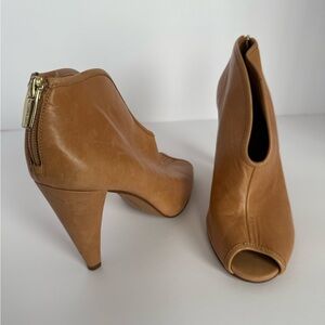 Vince Camuto Tan Leather Peep-Toe Ankle Booties with Cone Heel.